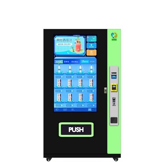Intelligent smart vending machine with a large interactive touch screen and digital payment system, sleek black and lime green design.