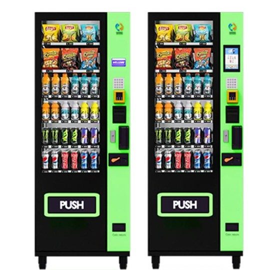 A pair of independent smart vending machines for snacks and drinks, showing two different models with black and lime green finish, ideal for customized retail solutions.
